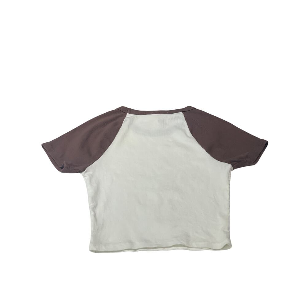 Full Tilt T-Shirt Women’s Brown/White Medium Crew Neck Ribbed Cropped Casual - Picture 3 of 4